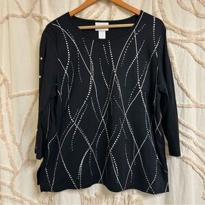 Alfred Dunner 3/4 Sleeve Silver Studded Starburst Top, in Black